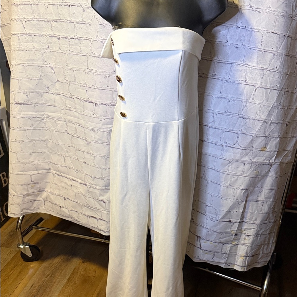 bebe White Strapless Jumpsuit with Button Accents
